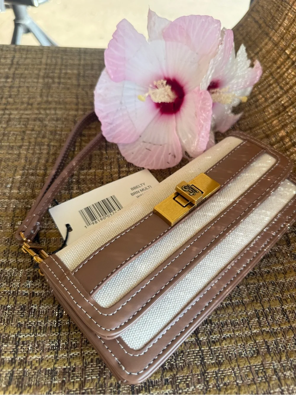 Steve Madden Beige and Taupe Canvas Wristlet with Unique Gold Accent Hardwares